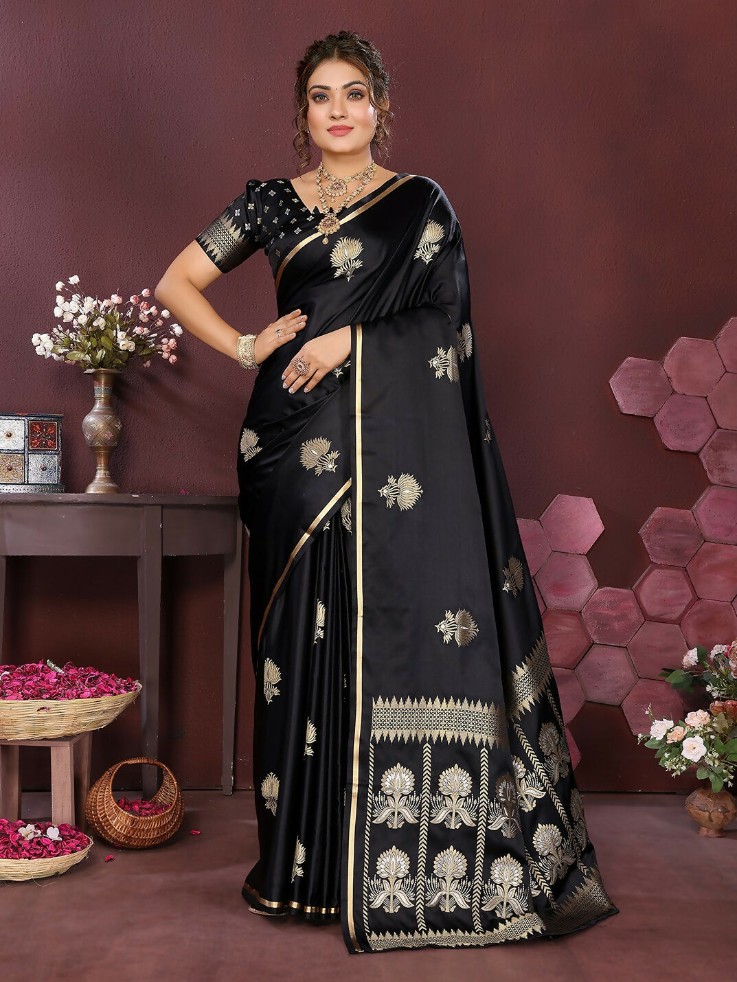 Joban Fashion Black Floral Motifs Banarasi Silk Sarees