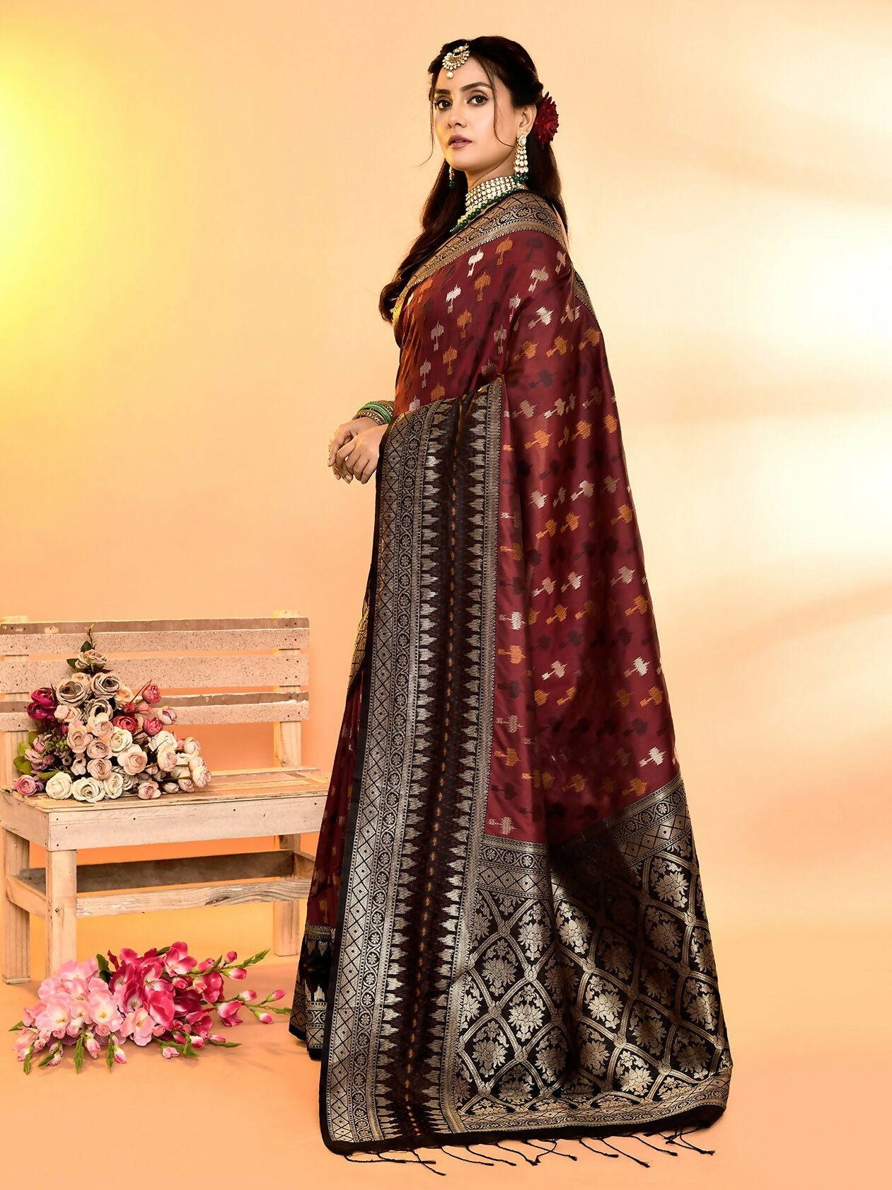 Joban Fashion Maroon & Black Plain With Weaving Border Banarasi Silk Sarees