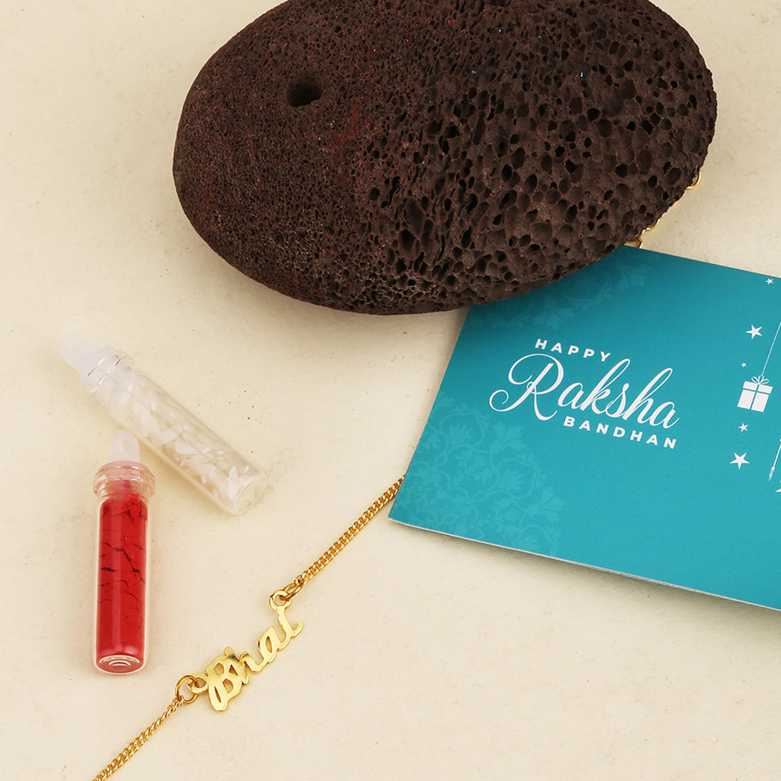trueBrowns X Voylla Gold-Toned 'Bhai' Bracelet Rakhi With Roli Chaawal Pack