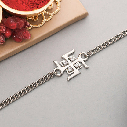 trueBrowns Auspicious Swastik Motif Silver Tone Bracelet Rakhi