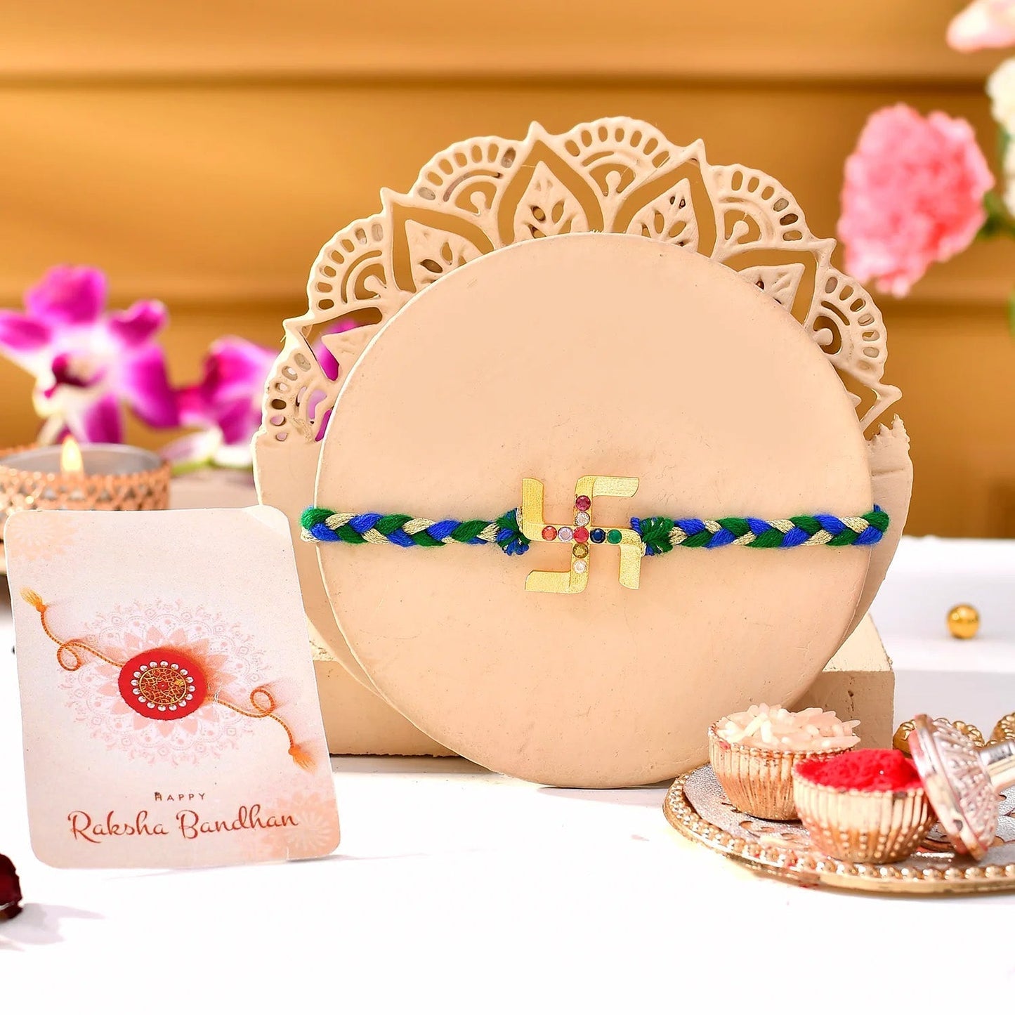 trueBrowns X Voylla Gold Navratan Swastik Rakhi For Brother