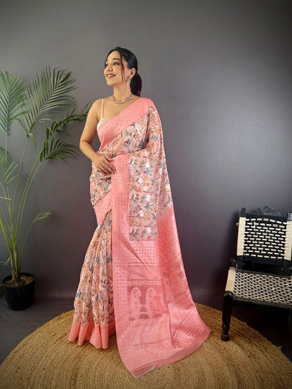 Elora Rose Pink Silk Floral Motifs Coppery Tone Contrast Floral Border Banarasi Saree