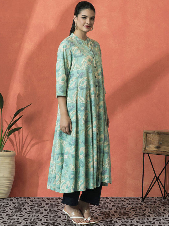 Sangria Floral Printed Mandarin Collar Panelled Pure Cotton A-Line Kurta