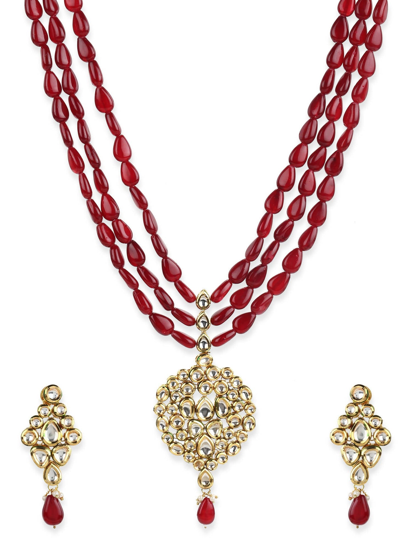 Gold-Polished White Maroon Kundan Studded Beaded Handcrafted Jewellery Set - Ruby Raang