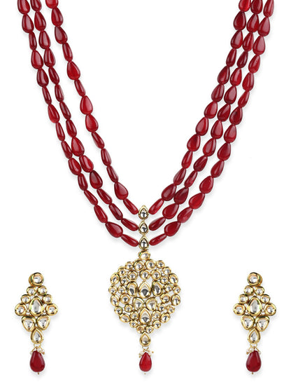 Gold-Polished White Maroon Kundan Studded Beaded Handcrafted Jewellery Set - Ruby Raang