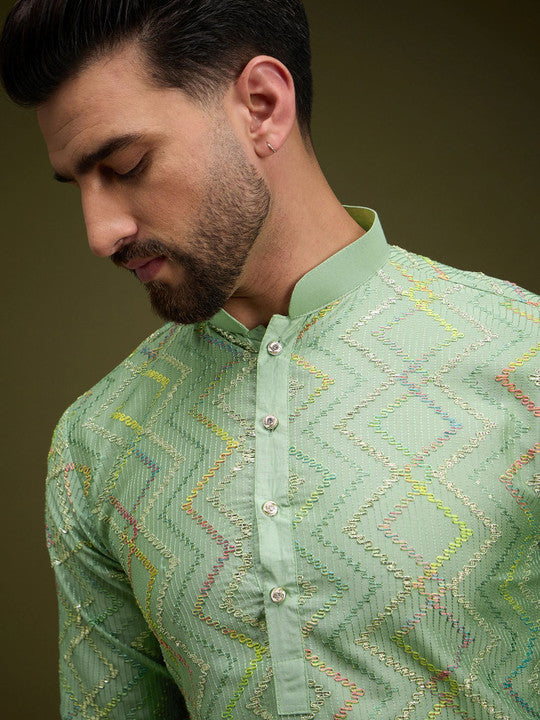 Anouk Green Chevron Embroidered Gotta Patti Mandarin Collar Pure Cotton Straight Kurta