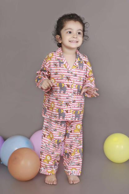 Breathables Kids Cotton Night Suit – Red & White Jungle Stripe Shirt & Pyjama Co-Ord Set For Boys & Girls
