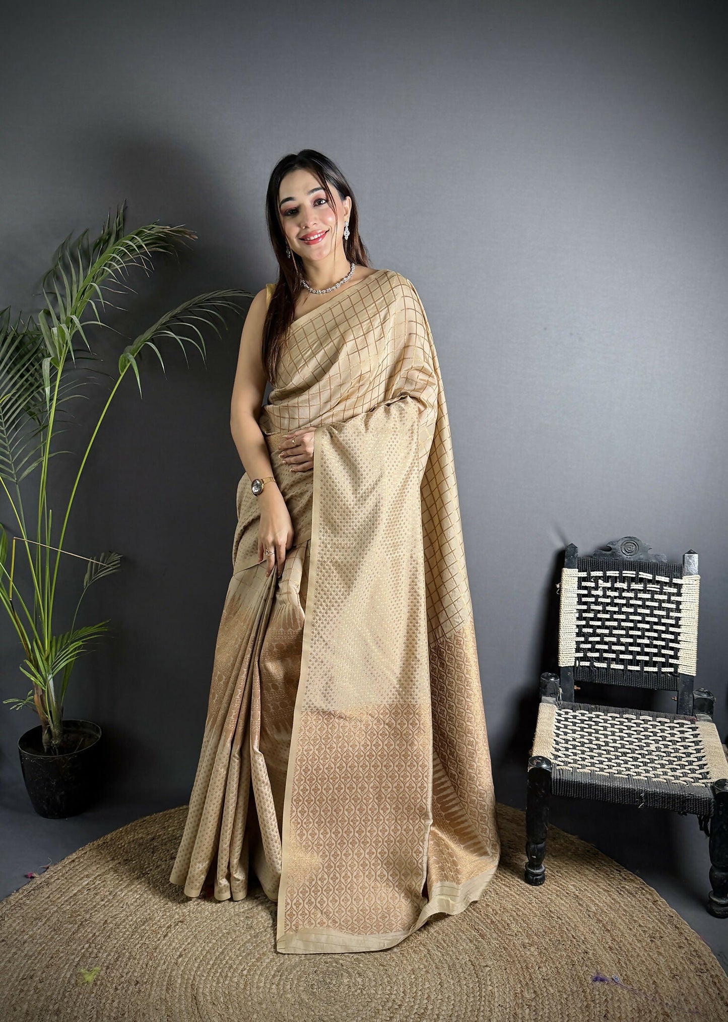 Joban Fashion Ivory Banarasi Soft Lichi Silk Checks & Woven Saree