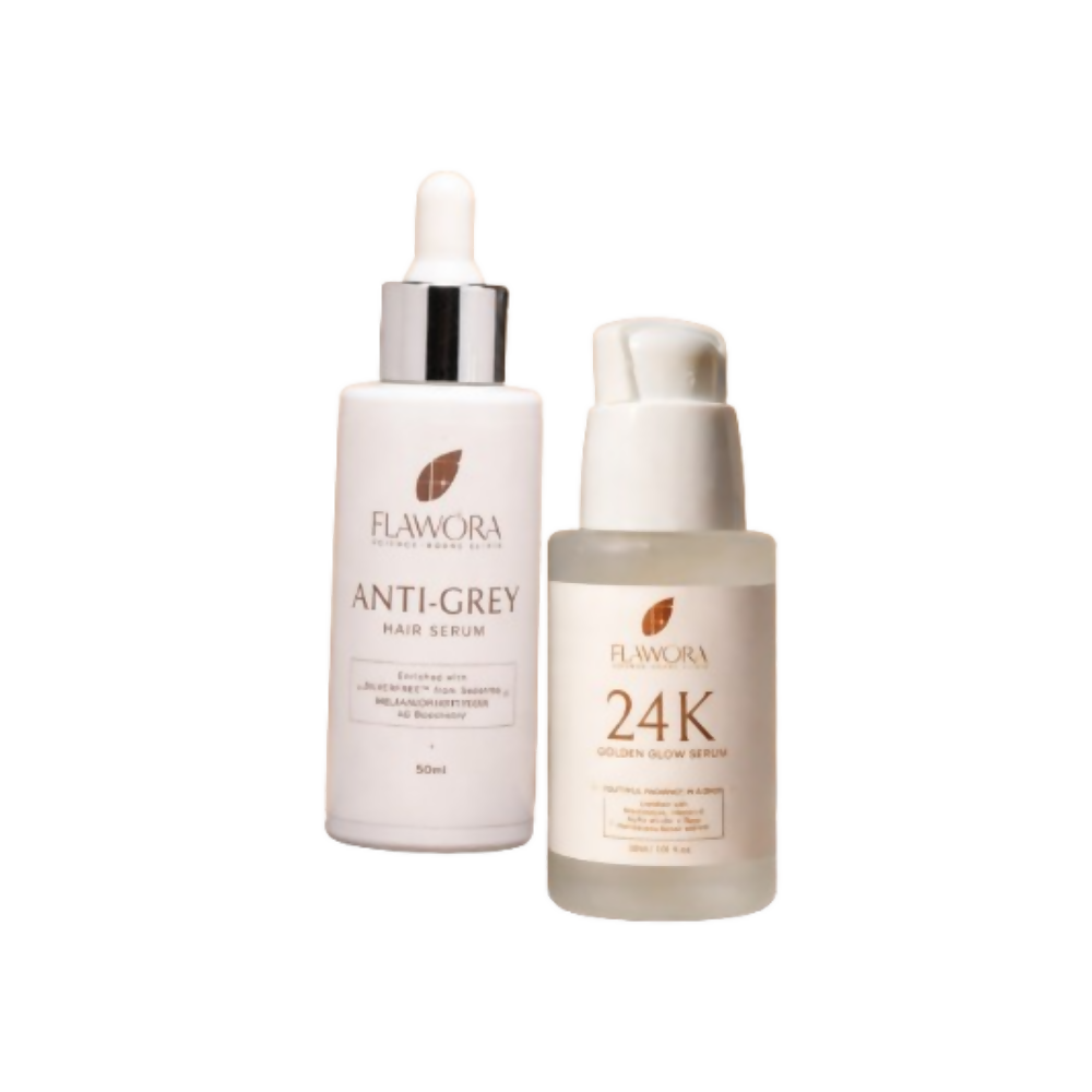 Flawora Set of Anti-Grey Hair Serum and Golden Glow Face Serum
