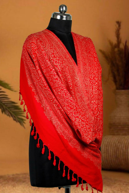 Weaving Mystery Handloom Pashmina Shawl-Kaani Zari - Red