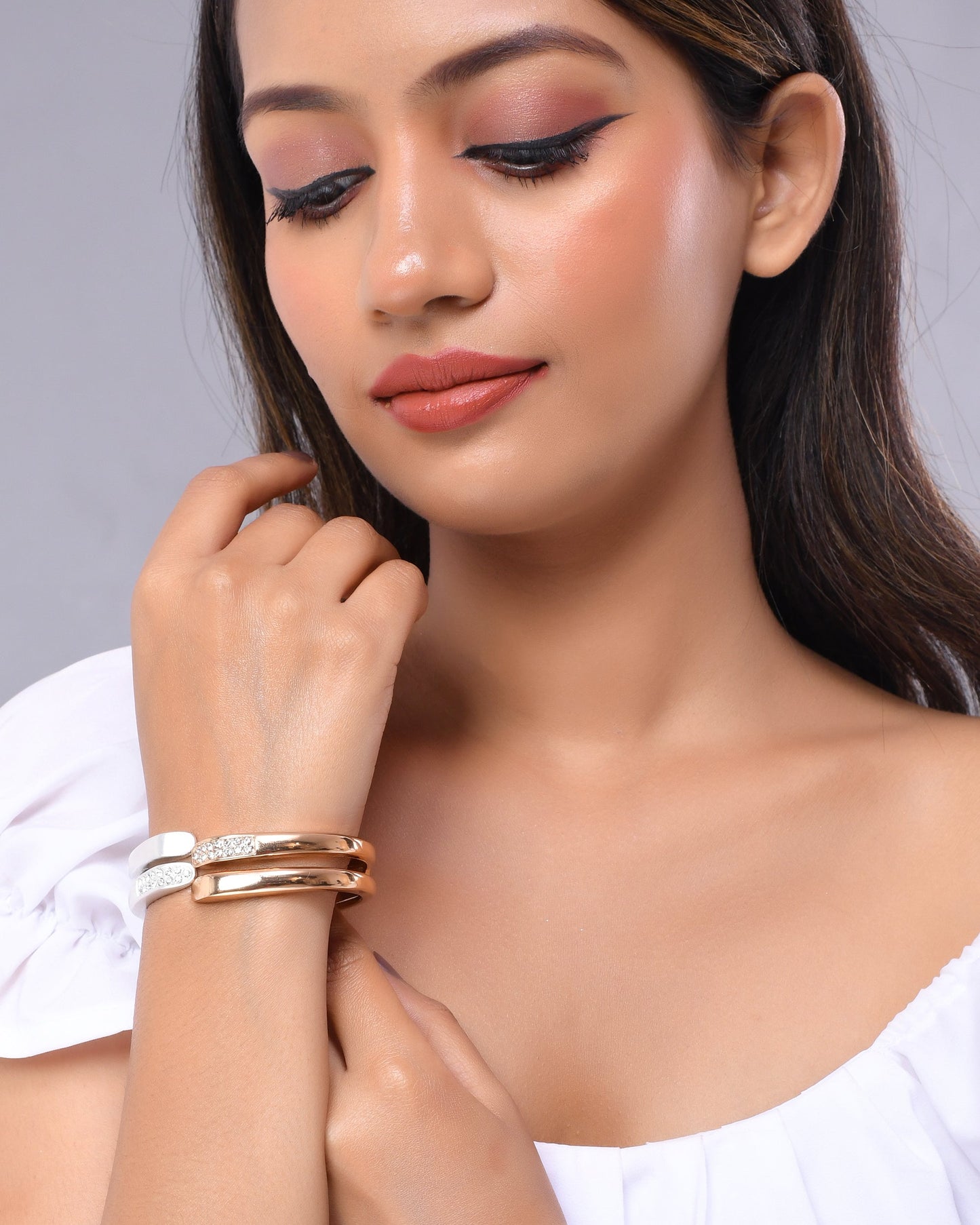 VOJ Women Stainless Steel Gold And Silver Polished Dimond Bracelet