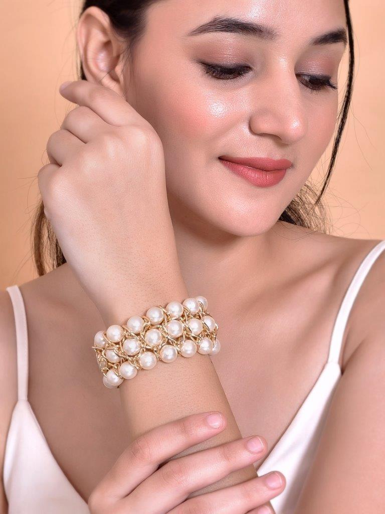VOJ Women White and Gold Toned Pearls Gold-Polished Multi Strand Bracelet