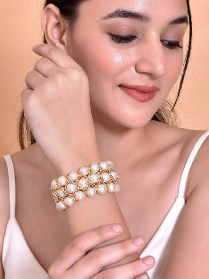 VOJ Women White and Gold Toned Pearls Gold-Polished Multi Strand Bracelet