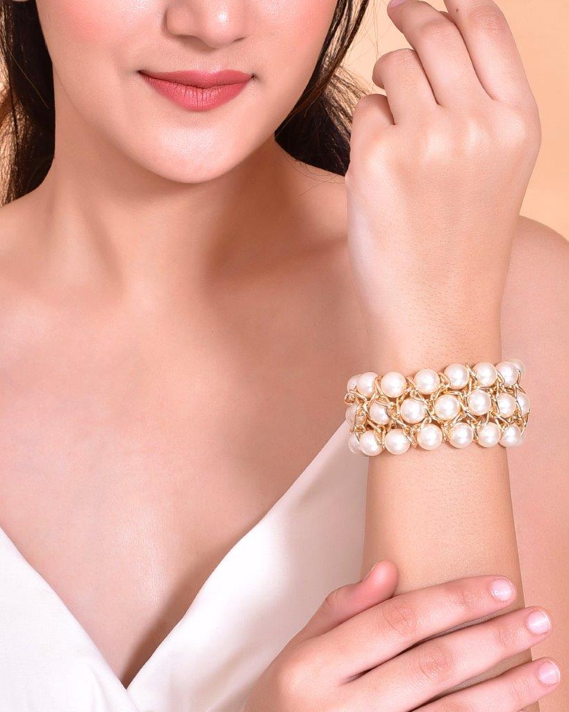 VOJ Women White and Gold Toned Pearls Gold-Polished Multi Strand Bracelet