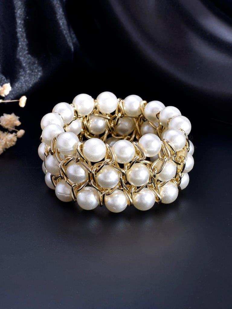 VOJ Women White and Gold Toned Pearls Gold-Polished Multi Strand Bracelet