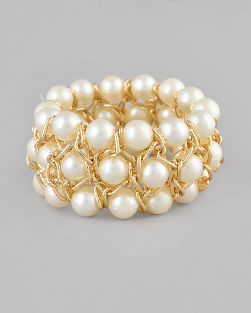 VOJ Women White and Gold Toned Pearls Gold-Polished Multi Strand Bracelet