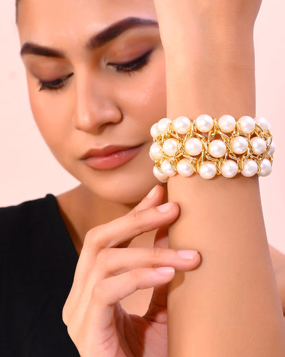 VOJ Women White and Gold Toned Perals Gold-Polished Multi Strand Bracelet