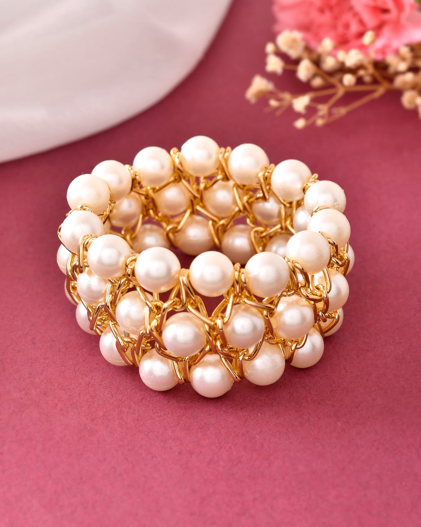 VOJ Women White and Gold Toned Perals Gold-Polished Multi Strand Bracelet