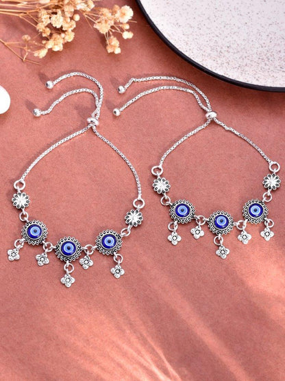 VOJ Pack of 2 Silver Plated Evel Eye Anklets