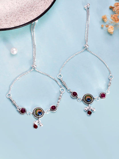 VOJ Pack of 2 Silver Plated Peacock Anklets