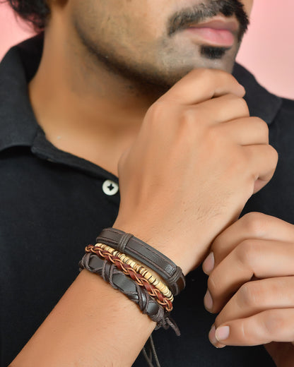 VOJ Men Set of 4 Brown Leather Wrap around Bracelet