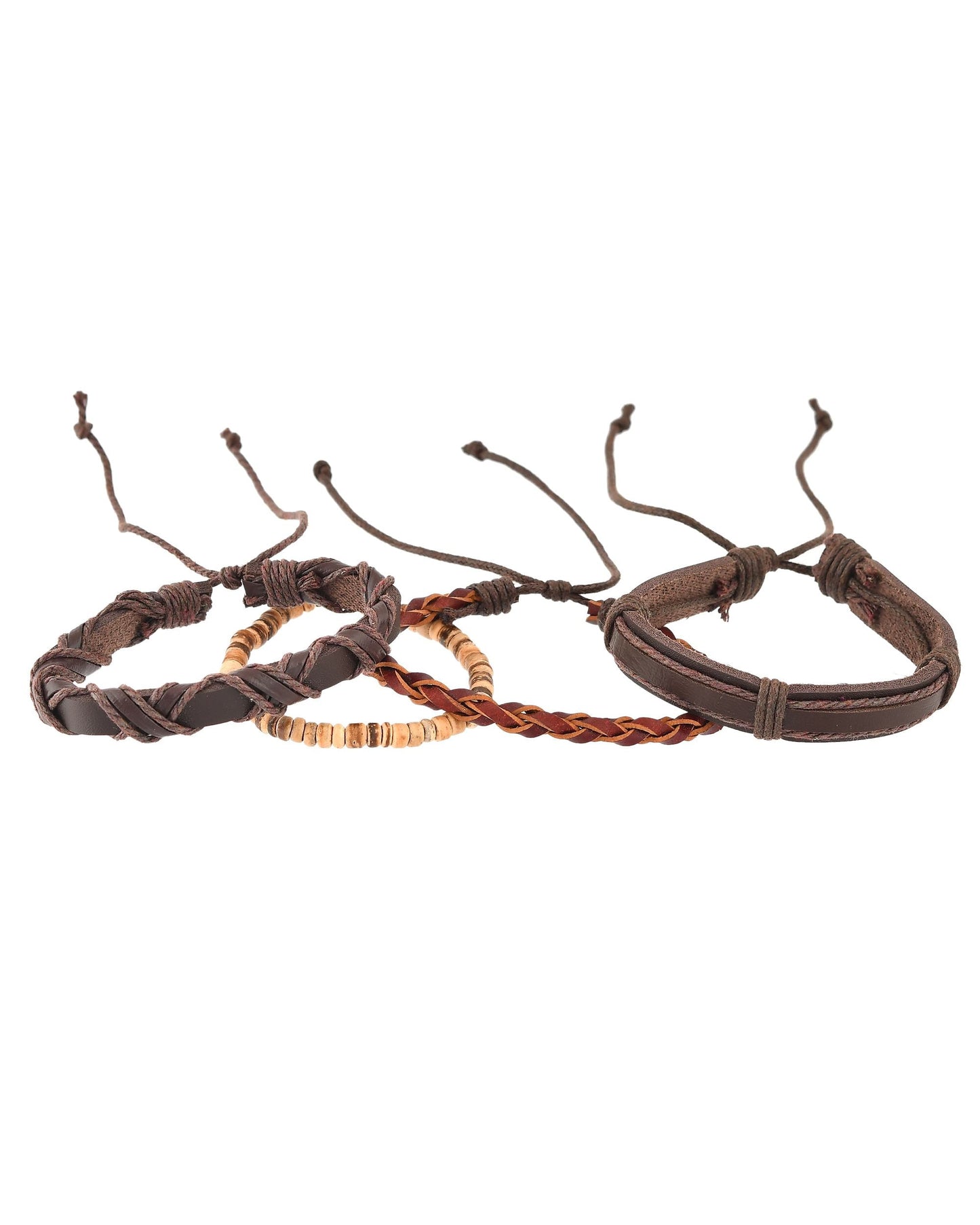 VOJ Men Set of 4 Brown Leather Wrap around Bracelet