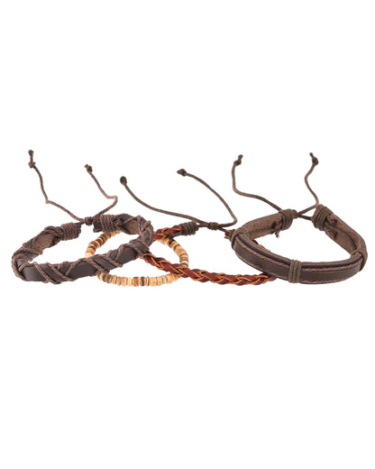 VOJ Men Set of 4 Brown Leather Wrap around Bracelet