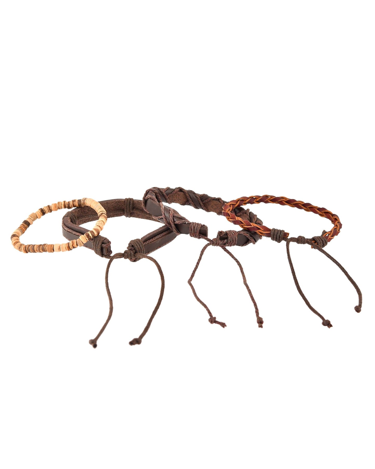 VOJ Men Set of 4 Brown Leather Wrap around Bracelet