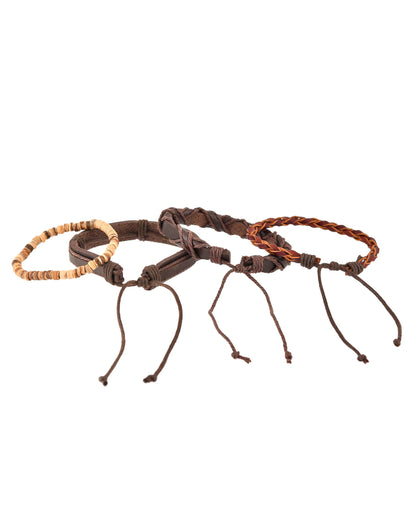 VOJ Men Set of 4 Brown Leather Wrap around Bracelet