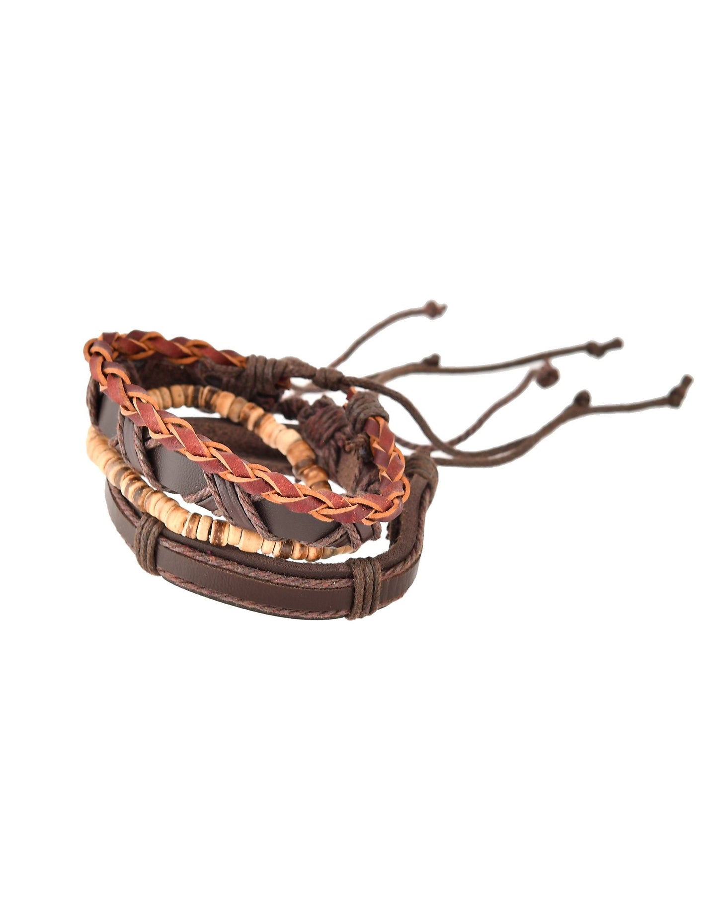 VOJ Men Set of 4 Brown Leather Wrap around Bracelet