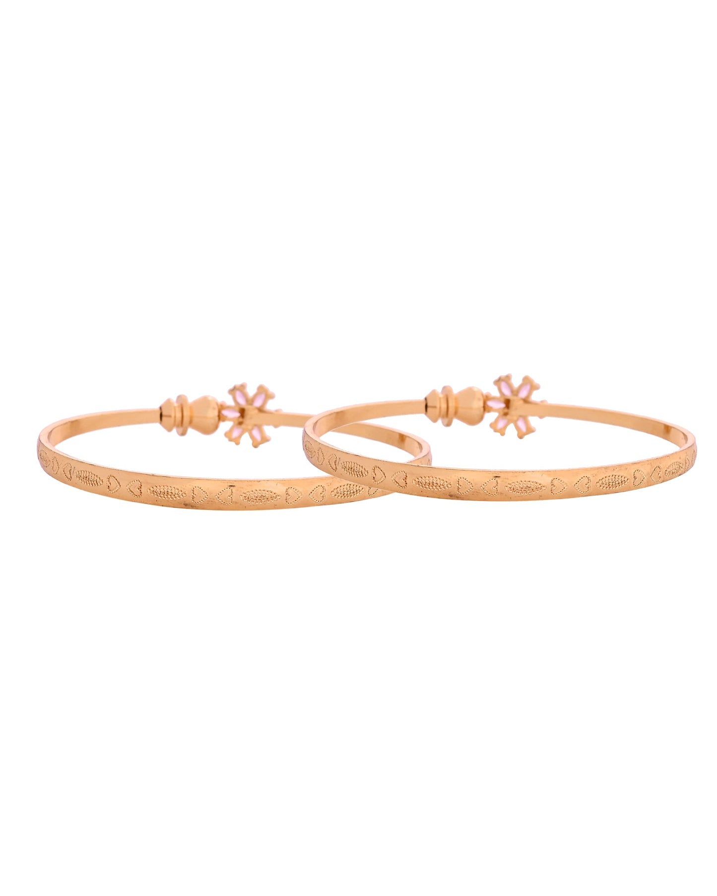 VOJ Set Of 2 Gold Polished Pink Stone Studded Floral Shaped Bangles