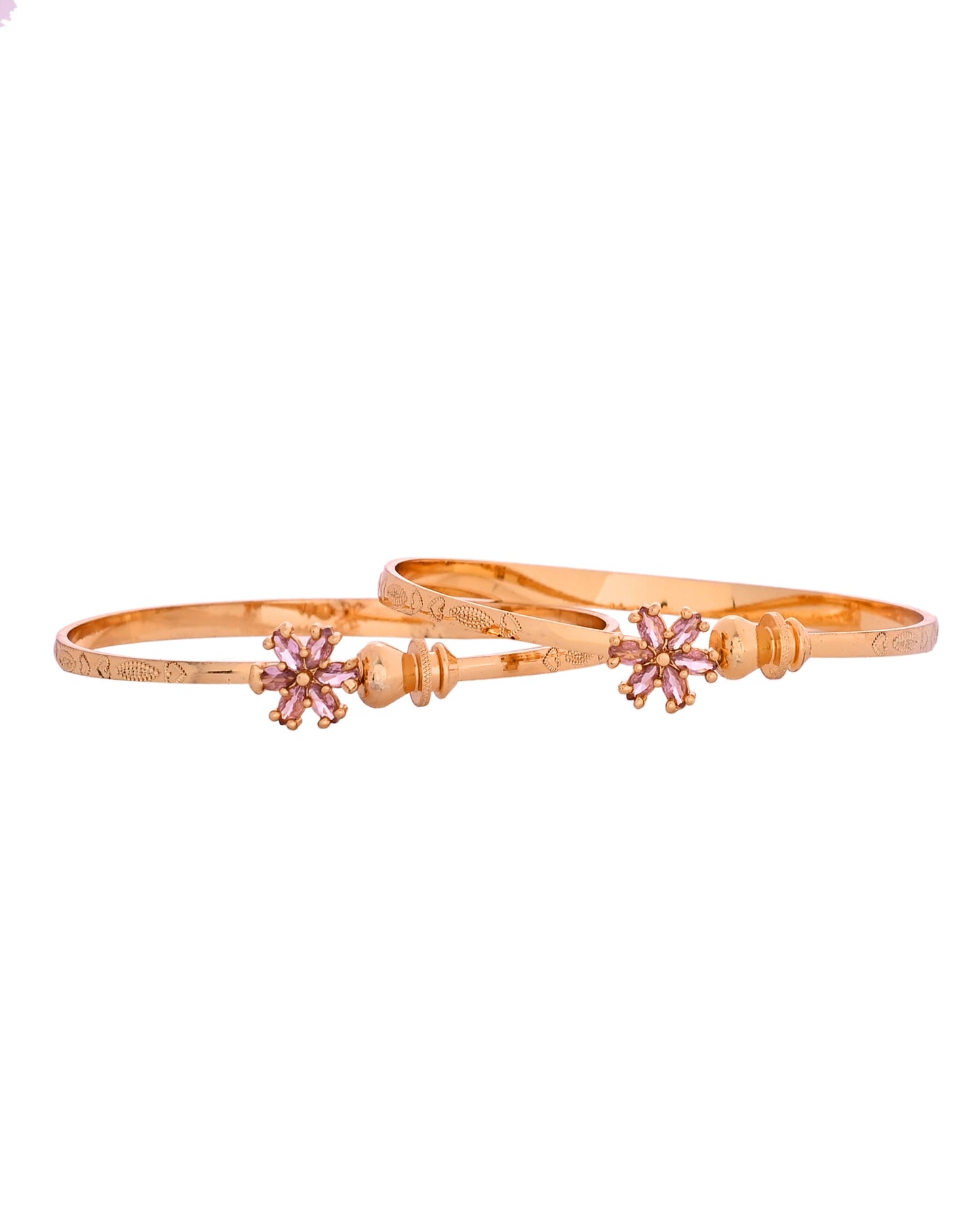 VOJ Set Of 2 Gold Polished Pink Stone Studded Floral Shaped Bangles