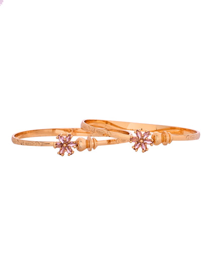 VOJ Set Of 2 Gold Polished Pink Stone Studded Floral Shaped Bangles