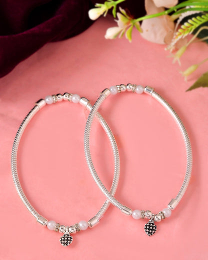 VOJ Set of 2 Silver Plated Stainless Steel Elasticated Anklet
