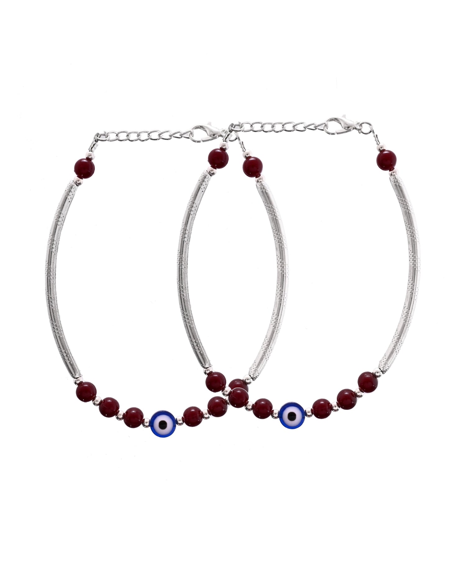 VOJ Set of 2 Silver Plated Artificial Beads Studded Evil Eye Anklet