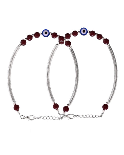 VOJ Set of 2 Silver Plated Artificial Beads Studded Evil Eye Anklet
