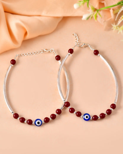 VOJ Set of 2 Silver Plated Artificial Beads Studded Evil Eye Anklet