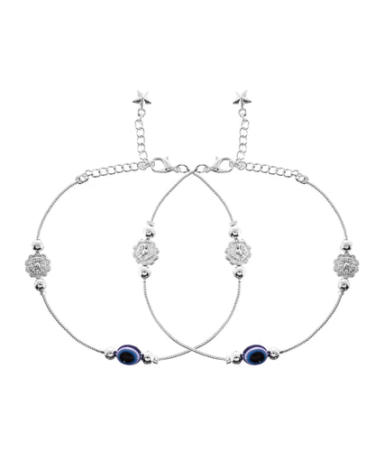 VOJ Set of 2 Silver Plated Evil Eye Bead Studded Stainless Steel Anklet