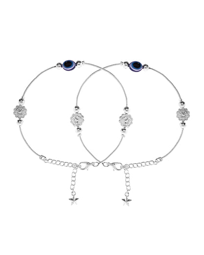 VOJ Set of 2 Silver Plated Evil Eye Bead Studded Stainless Steel Anklet