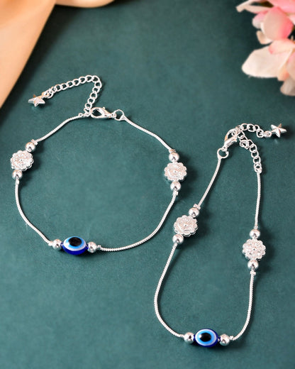 VOJ Set of 2 Silver Plated Evil Eye Bead Studded Stainless Steel Anklet
