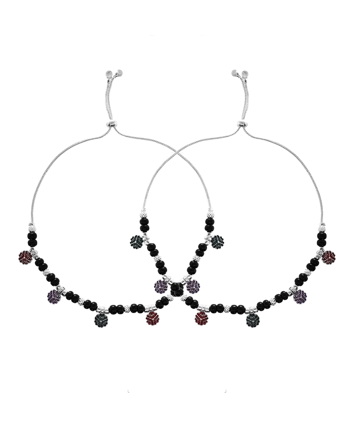 VOJ Set of 2 Stainless Steel Artificial Beads Anklet