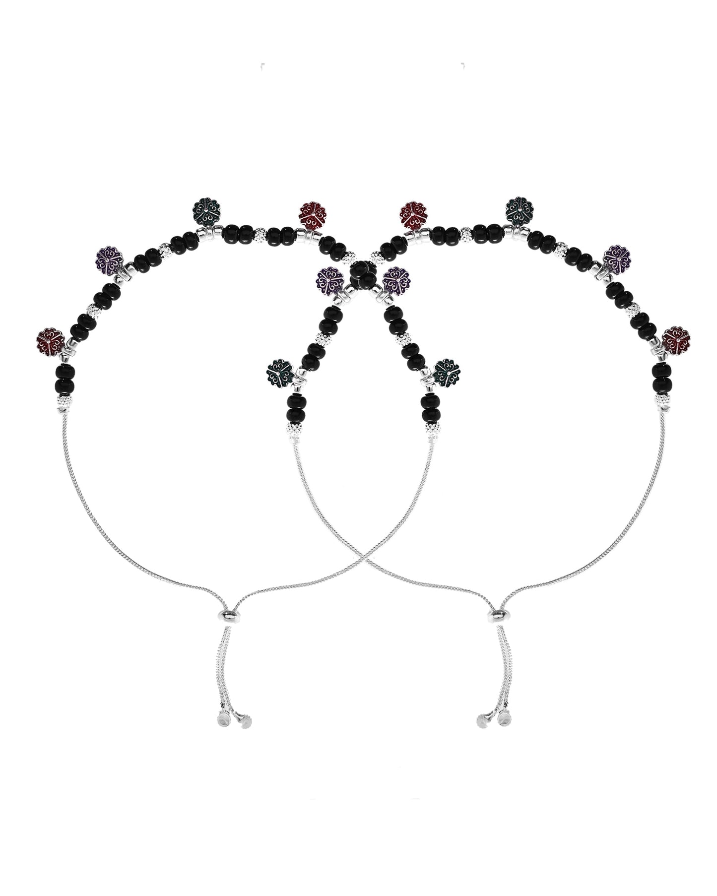 VOJ Set of 2 Stainless Steel Artificial Beads Anklet