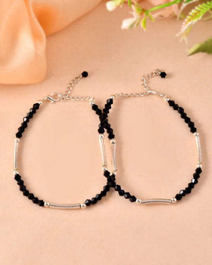 VOJ Set of 2 Black Artificial Beads Studded Anklet