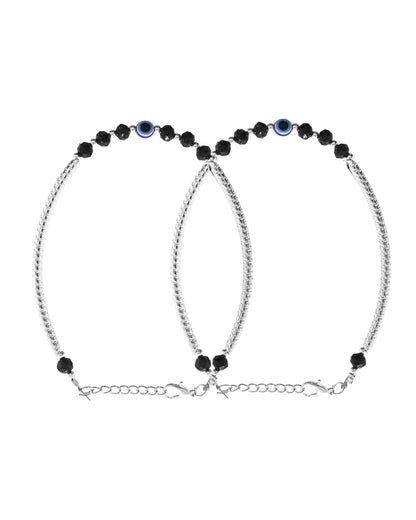 VOJ Set of 2 Evil Eye Bead Studded Stainless Steel Anklet