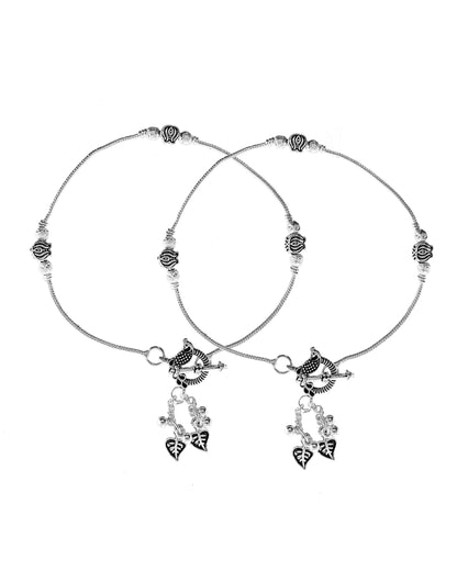 VOJ Set of 2 Silver Toned Floral Handcrafted Stainless Steel Anklet