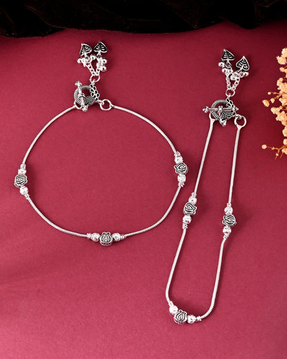 VOJ Set of 2 Silver Toned Floral Handcrafted Stainless Steel Anklet