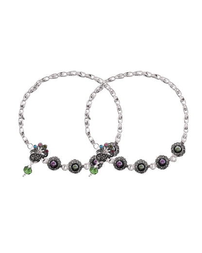 VOJ Set of 2 Handcrafted Stone Studded oxidized Anklet