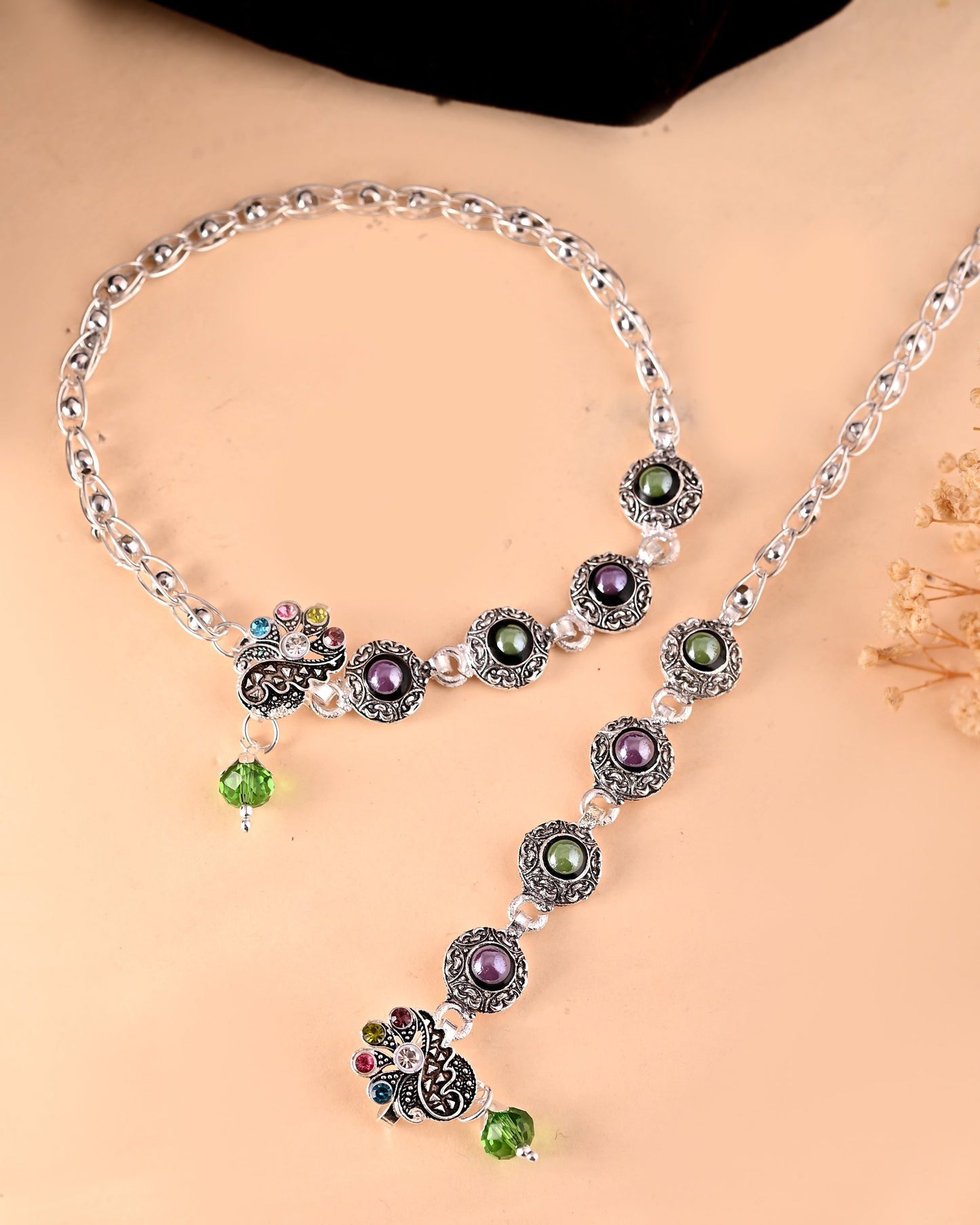 VOJ Set of 2 Handcrafted Stone Studded oxidized Anklet