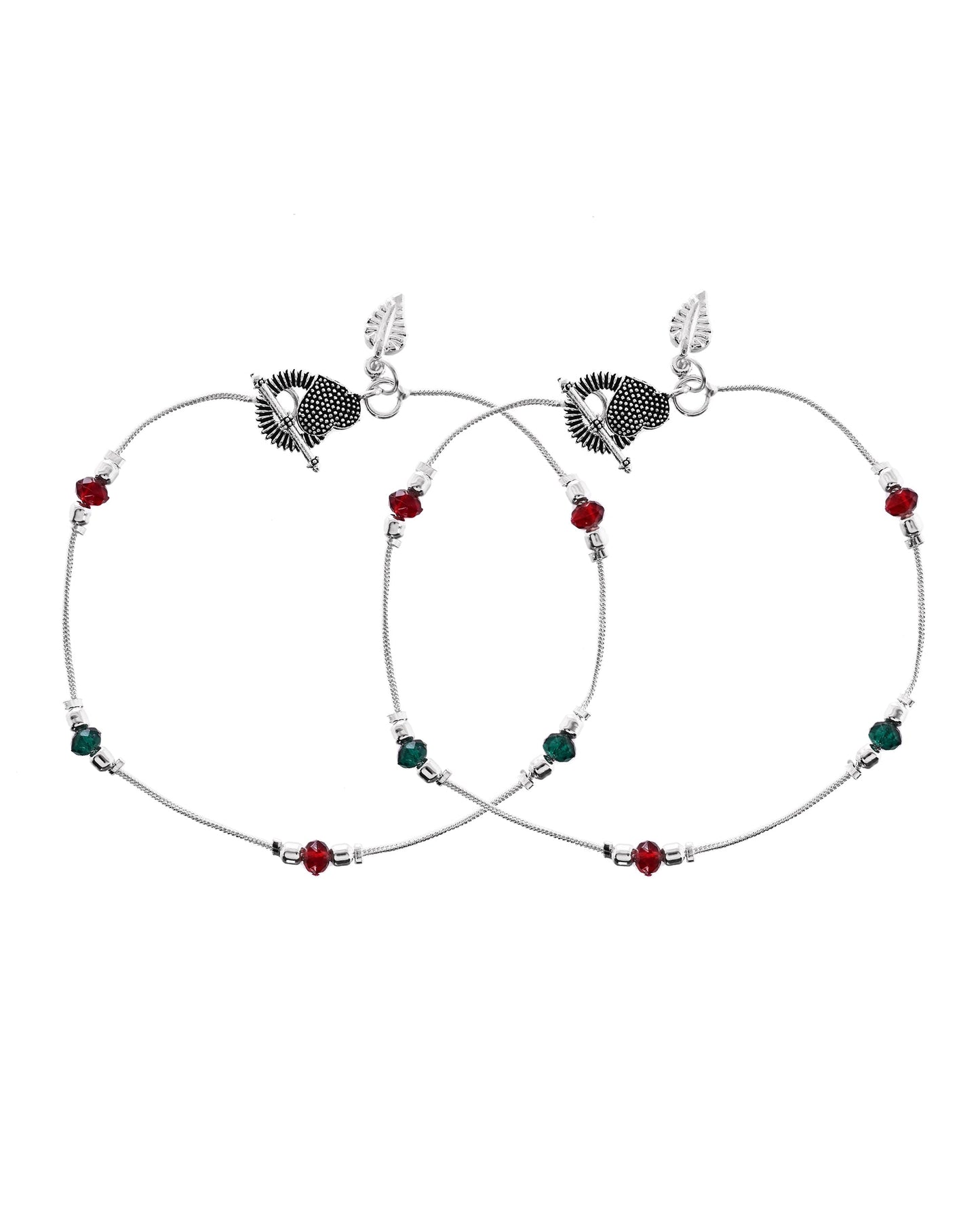 VOJ Set of 2 Silver Toned Handcrafted Artificial Beads Designer Anklet