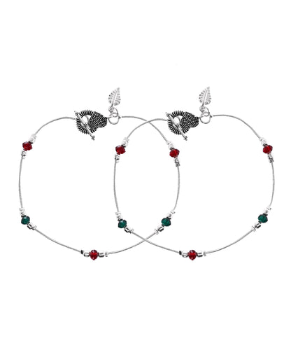 VOJ Set of 2 Silver Toned Handcrafted Artificial Beads Designer Anklet